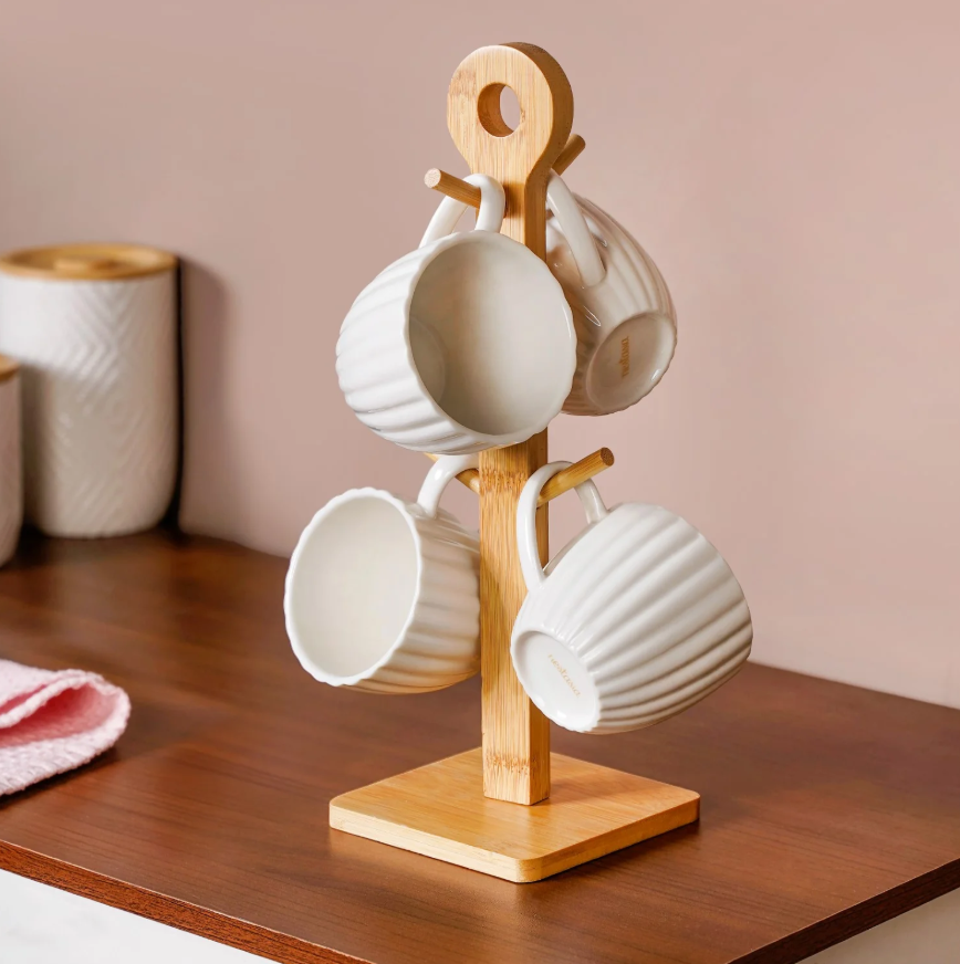 Ribbed White Cup And Stand