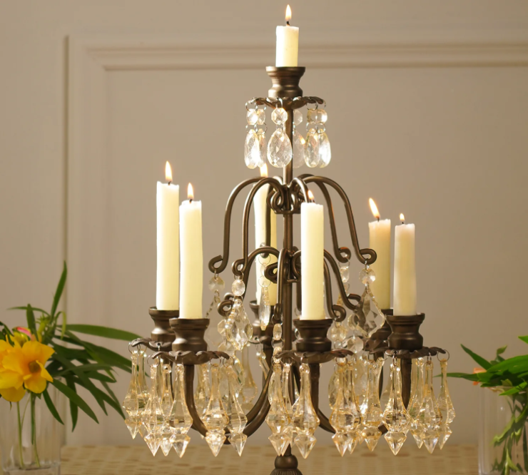 Bronze 7 Arm Tapered Candelabra with Hanging Crystals