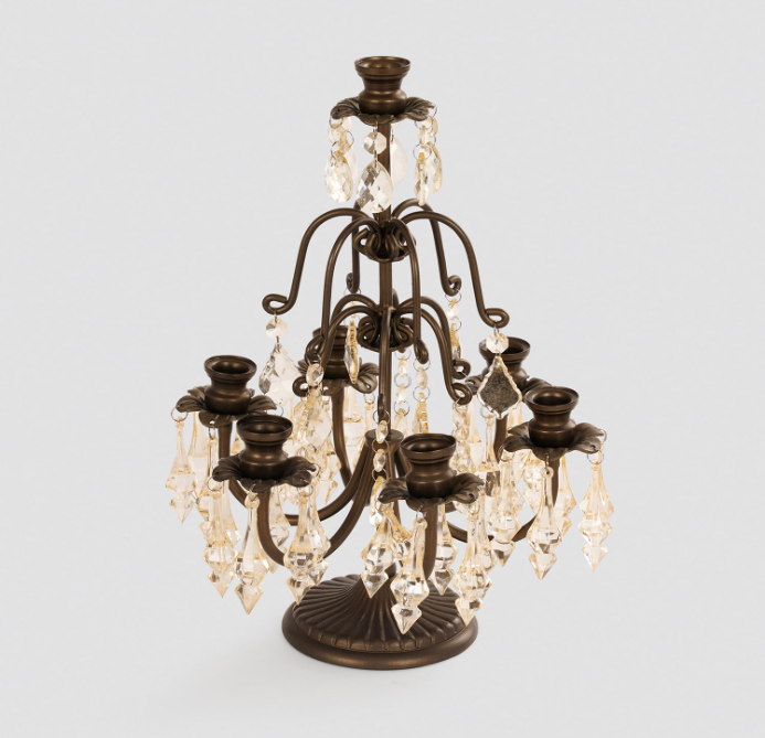 Bronze 7 Arm Tapered Candelabra with Hanging Crystals