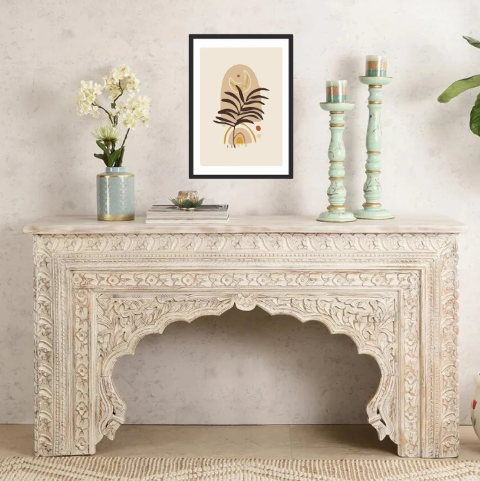  Hand Carved Distressed White Console Table