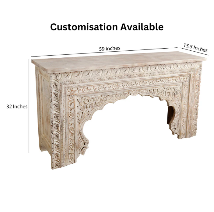  Hand Carved Distressed White Console Table
