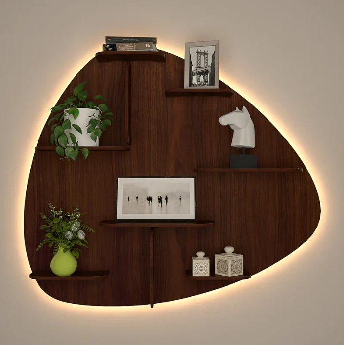 Abstract Backlit Designer Wooden Wall Mounted Shelf 