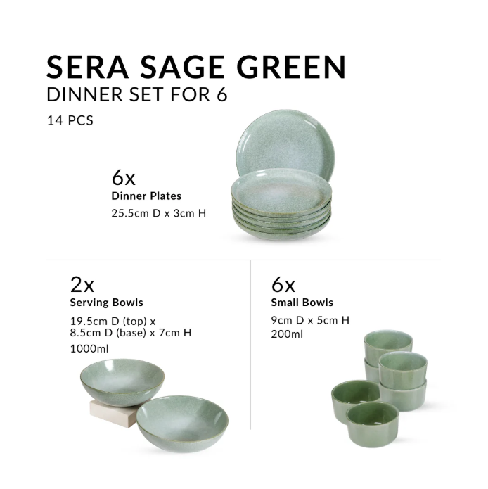 Sera Sage Green 14 Piece Ceramic Dinner Set