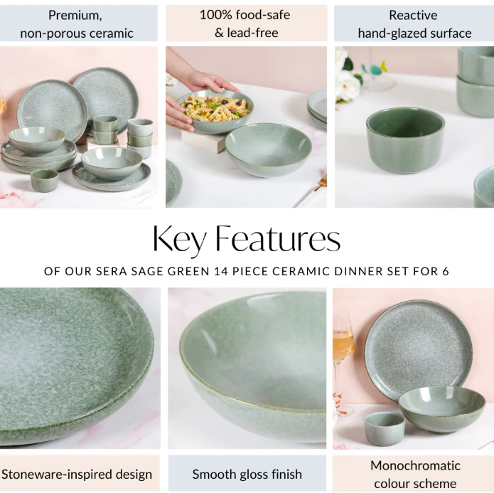 Sera Sage Green 14 Piece Ceramic Dinner Set