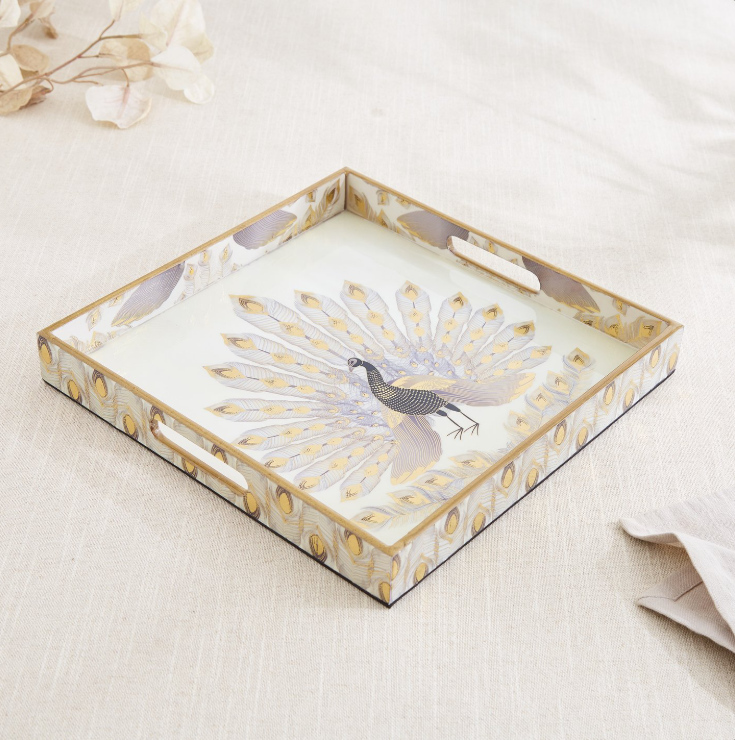 Corsica Hues Wooden Peacock Serving Tray 